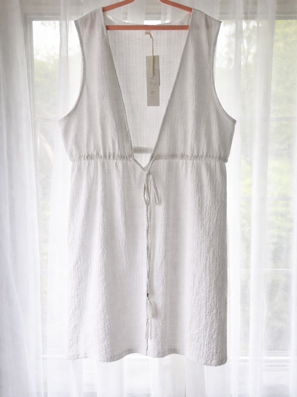 IBIZA White Textured Cover Up Dress Tassel Tie Boho Resort NWT XL